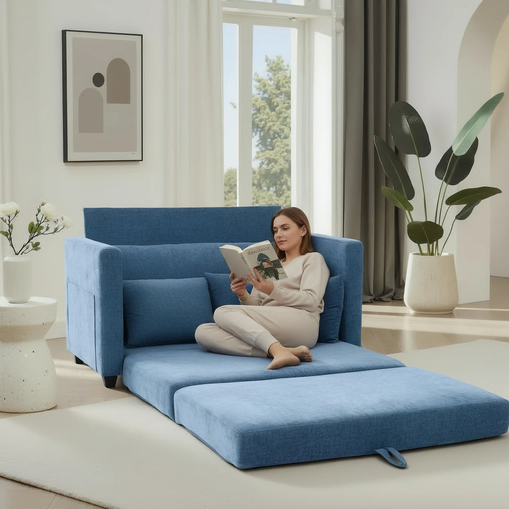 Guest Room Pull‑Out Sleeper Sofa Bed, 2‑in‑1 Loveseat Fabric Couch, Vacuum Packed No Assembly Sofa with Solid Wood Support Frame