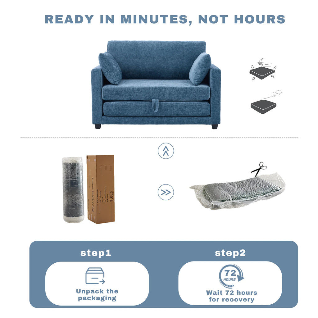 Guest Room Pull‑Out Sleeper Sofa Bed, 2‑in‑1 Loveseat Fabric Couch, Vacuum Packed No Assembly Sofa with Solid Wood Support Frame