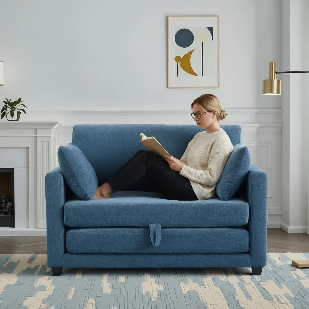 Guest Room Pull‑Out Sleeper Sofa Bed, 2‑in‑1 Loveseat Fabric Couch, Vacuum Packed No Assembly Sofa with Solid Wood Support Frame