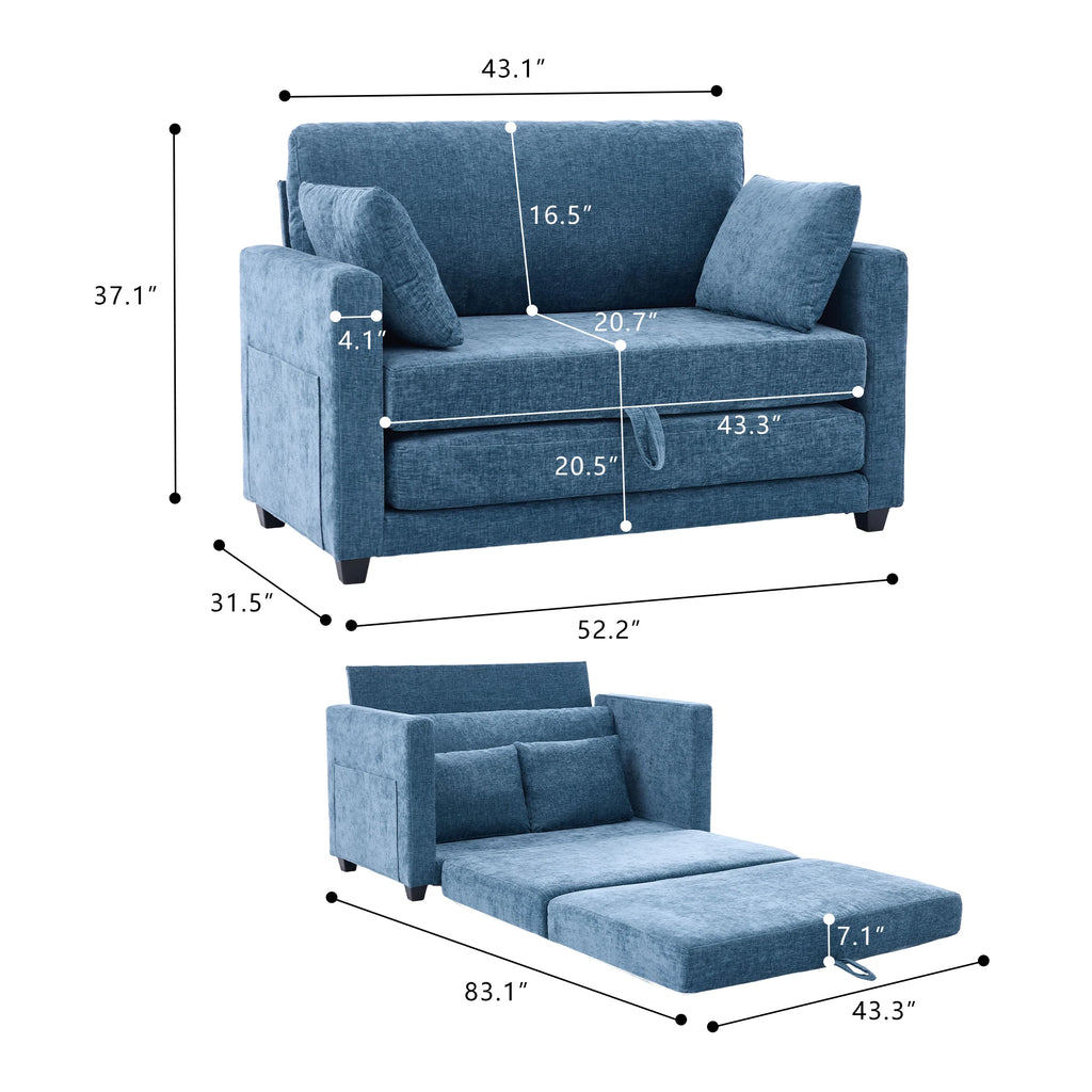 Guest Room Pull‑Out Sleeper Sofa Bed, 2‑in‑1 Loveseat Fabric Couch, Vacuum Packed No Assembly Sofa with Solid Wood Support Frame