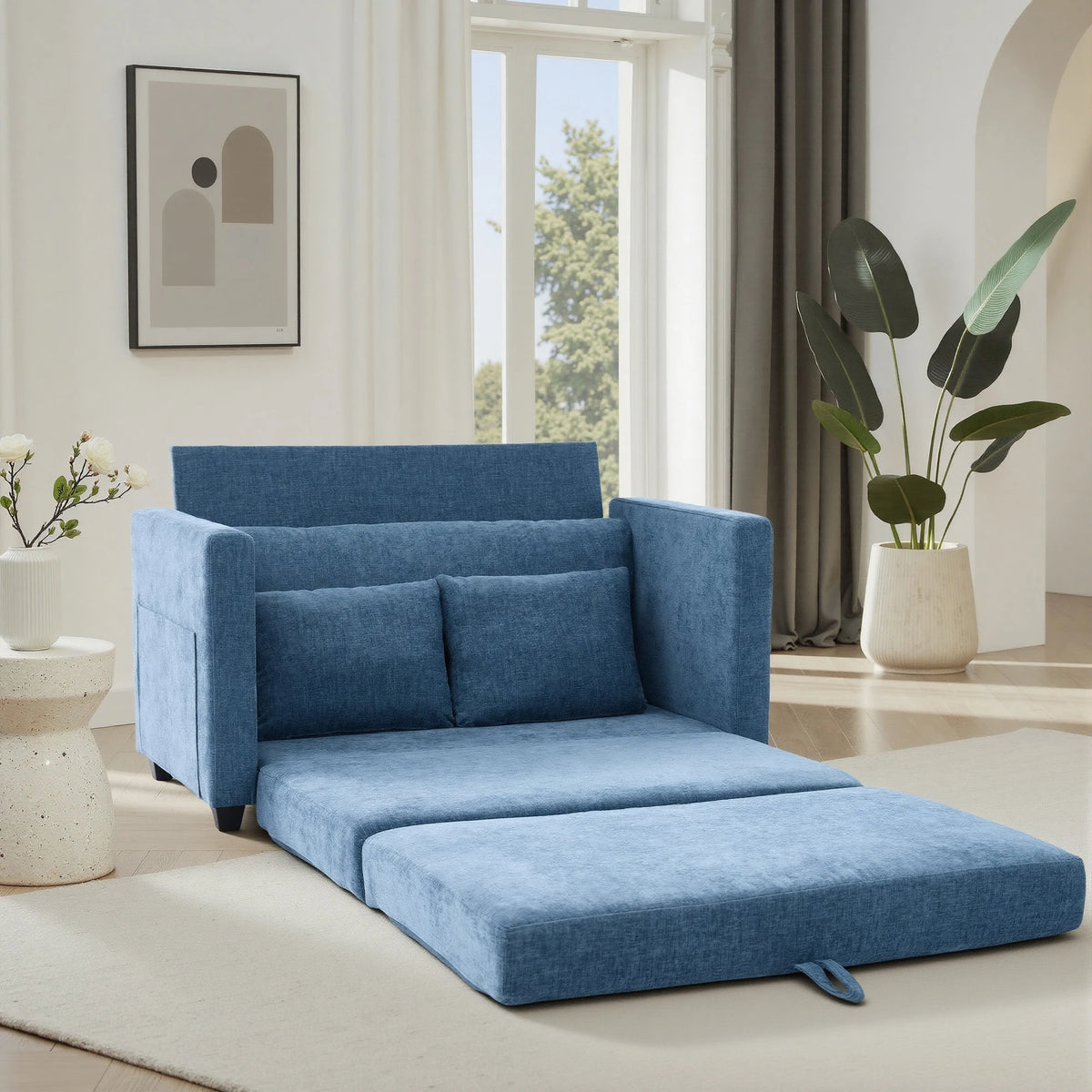 Guest Room Pull‑Out Sleeper Sofa Bed, 2‑in‑1 Loveseat Fabric Couch, Vacuum Packed No Assembly Sofa with Solid Wood Support Frame