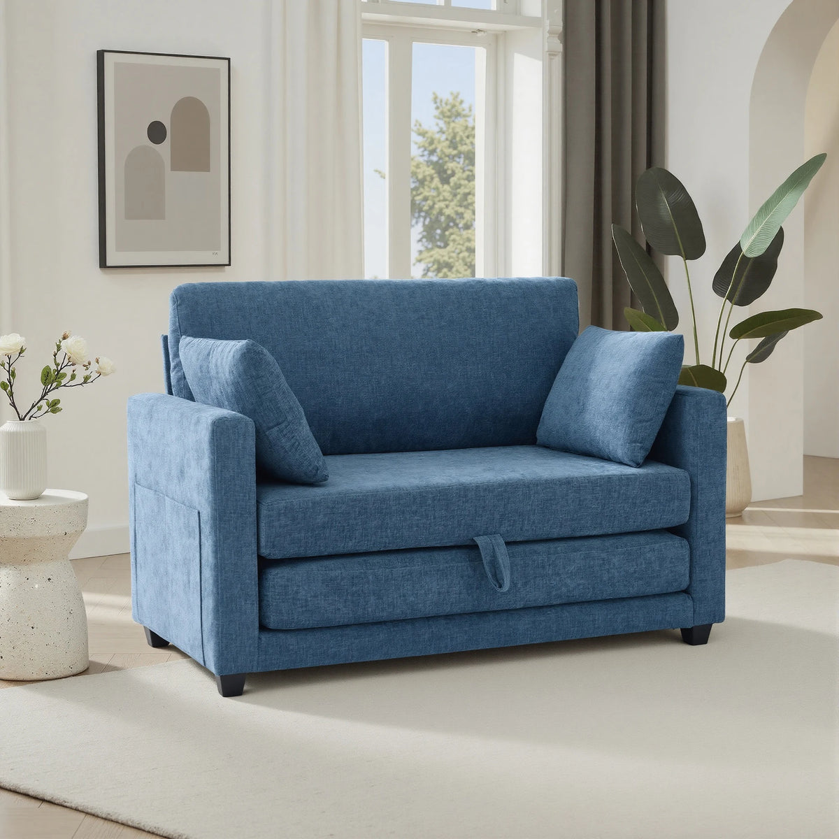 Guest Room Pull‑Out Sleeper Sofa Bed, 2‑in‑1 Loveseat Fabric Couch, Vacuum Packed No Assembly Sofa with Solid Wood Support Frame