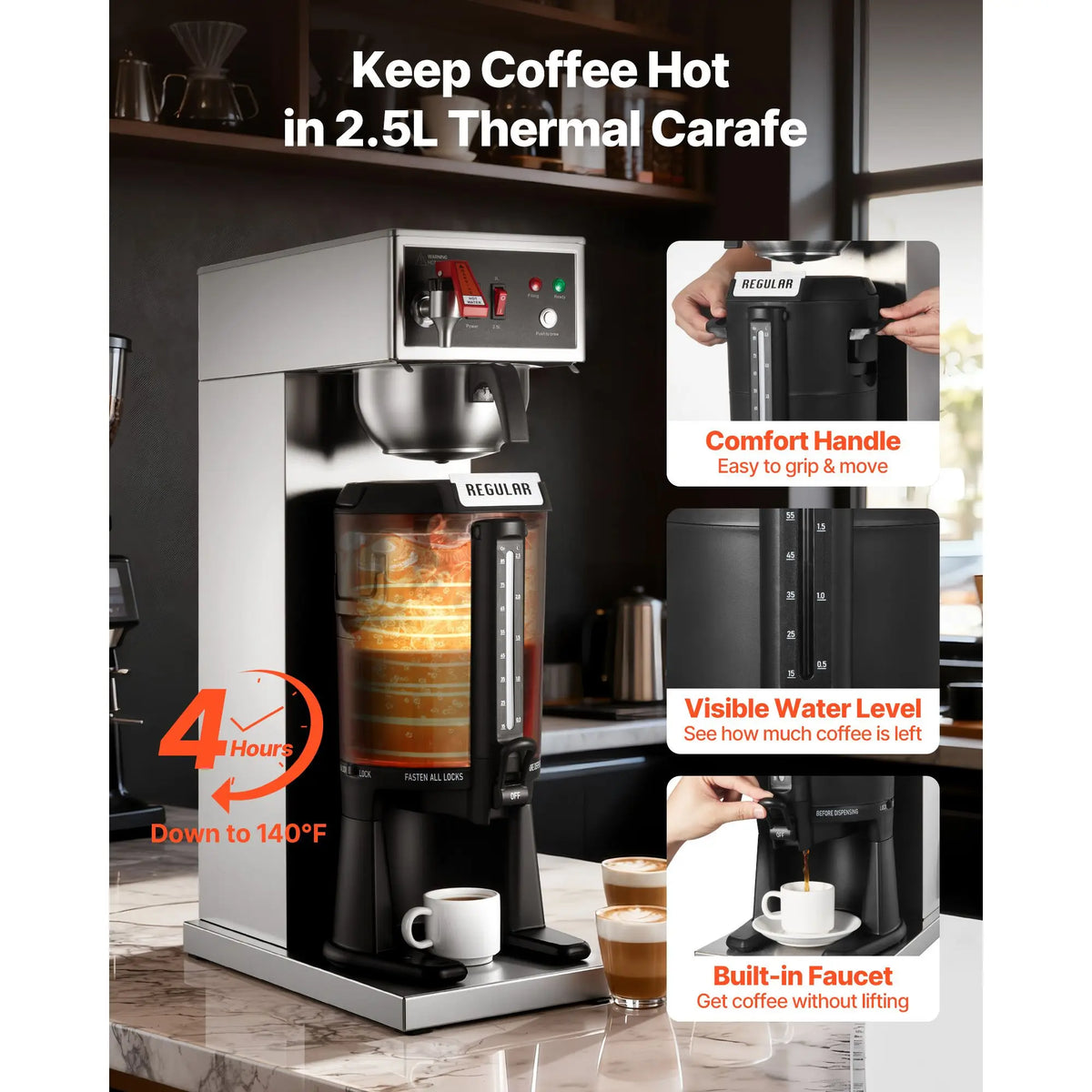 Commercial Drip Coffee Maker, 16-17 Cups Machine with 2.5 L Thermal Carafe, Keep Warm for 4 Hours, Stainless Steel Brewer with Auto Water Filling, for Restaurant, Office, Coffee Shop & Home