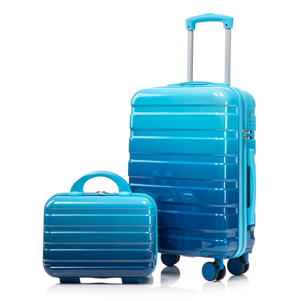 14"/20" 2 Pcs/set in PC Spinner Wheel Luggage, Carry on Suitcase, With Gradient Color and Combination Lock(Navy+Light Blue)