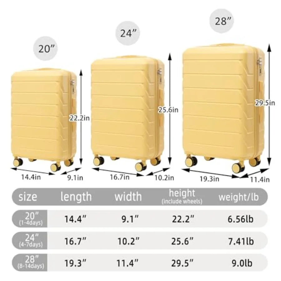 Travel luggage set: ABS hardshell, black, lightweight durable with double spinner wheels, 20/24/28 inch carry-on suitcases for