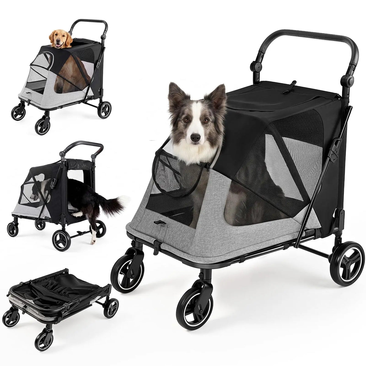 Pet Stroller for Medium & Large Dog, Foldable Dog Stroller for 2 Dogs 30kg, All Terrain Dog Wagon Stroller with Dual Entry