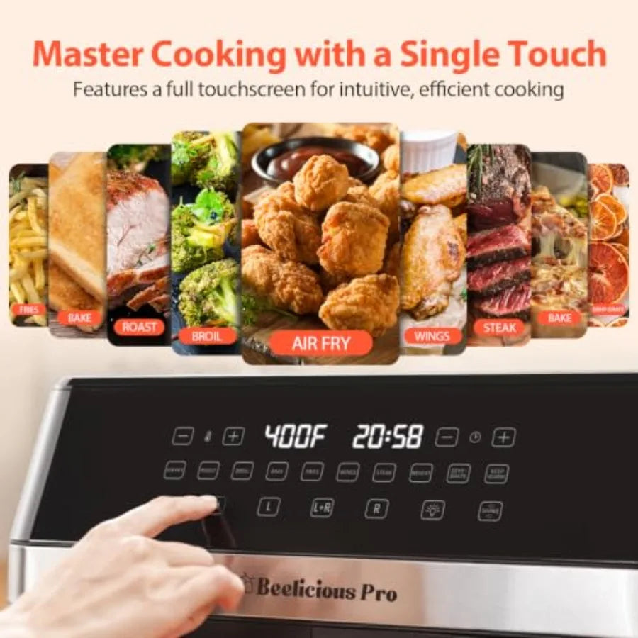 Kitchen dual-zone air fryer with nonstick black baskets, 12QT capacity, 10-in-1 functionality, touchscreen control, SyncCook, v