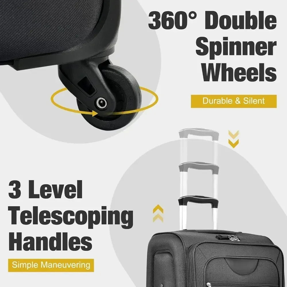 Expandable 3-Piece Luggage Set with Dual Bags: 22, 26, 30 Wheeled Suitcases with TSA Lock, Black