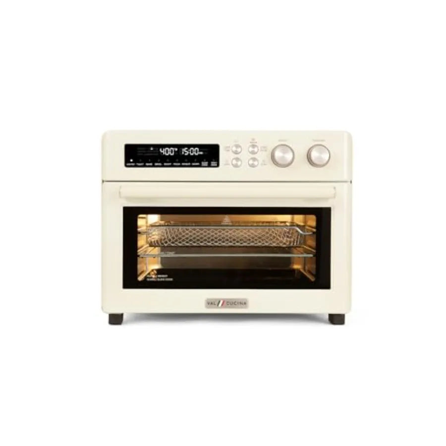 Retro countertop air fryer toaster oven, enamel-coated, black, 10-in-1 versatility with easy-clean baking pan and recipe book