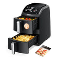 Family-size dual air fryer for kitchen use, black aluminum alloy with PFAS-free nonstick coating, even heating and compact stac
