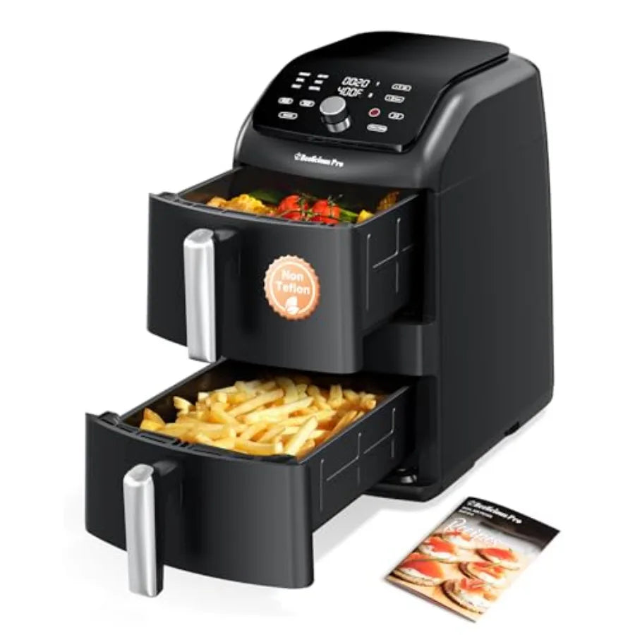 Family-size dual air fryer for kitchen use, black aluminum alloy with PFAS-free nonstick coating, even heating and compact stac
