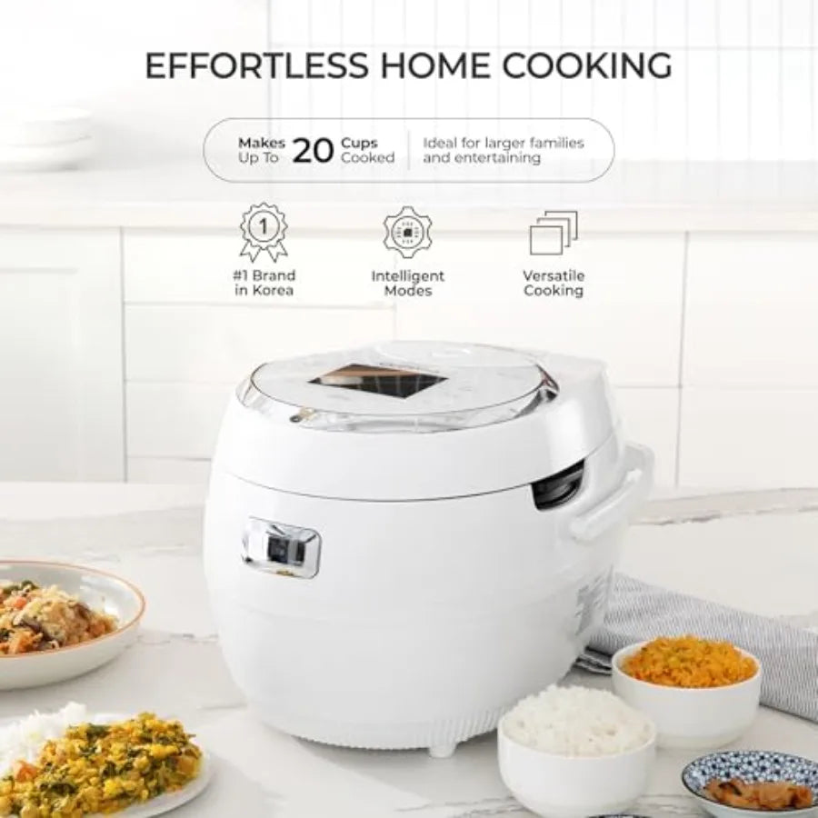 Micom Fuzzy Logic Rice Cooker for home kitchen use, white plastic and stainless steel, 20-cup cooked capacity with precise temp