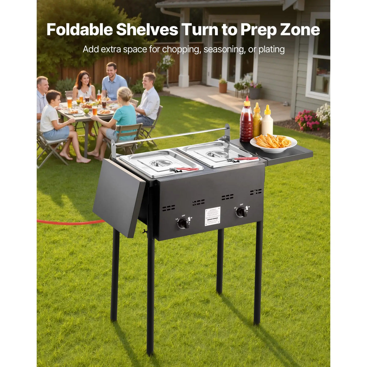 Outdoor Propane Deep Fryer, Dual-Tank 8QTx2 Commercial Fryer, Stainless Steel Cooker with Foldable Platform, Dual Basket, and Heat Adjustment, Floor Standing Fryers for Restaurant Home Snack Bar