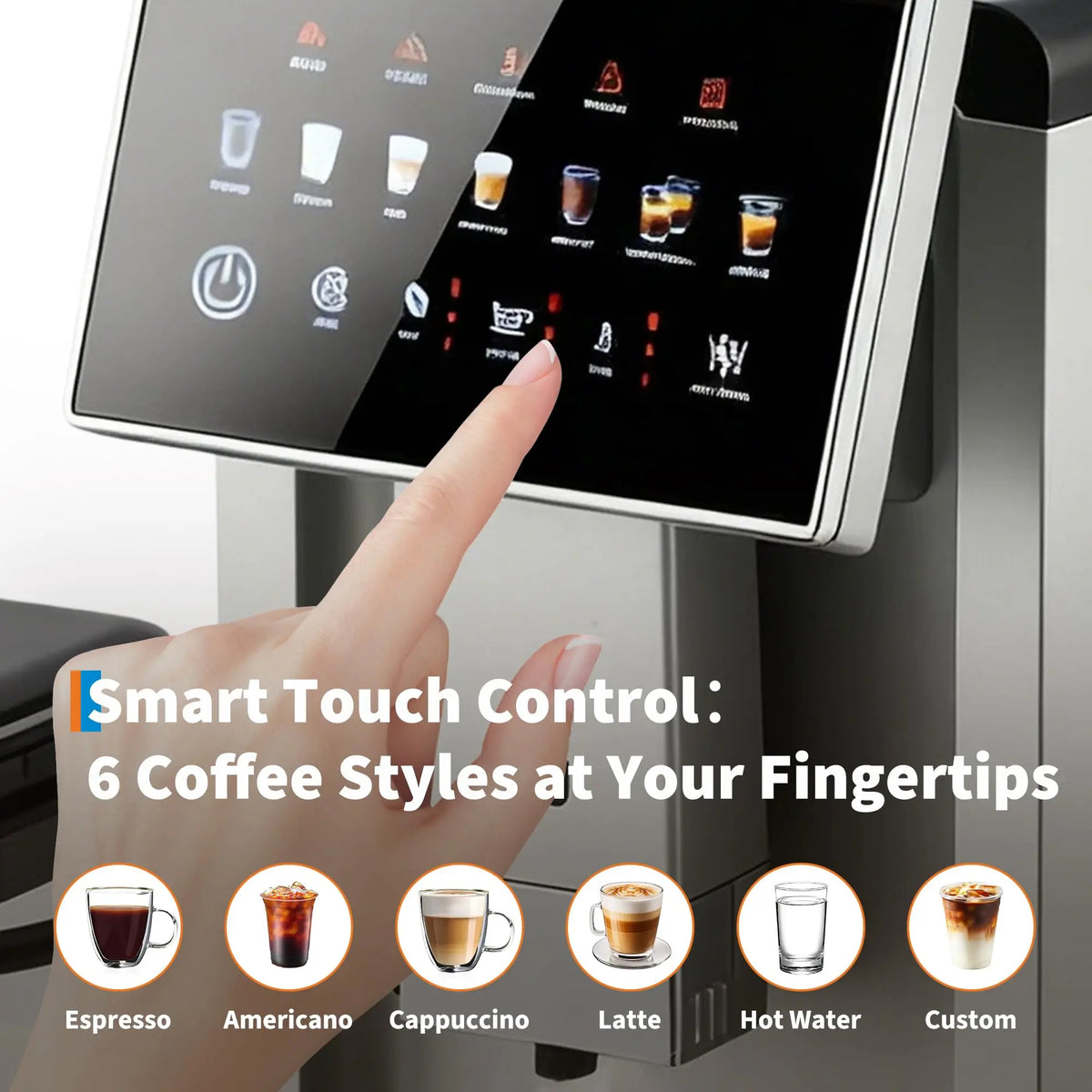 Super Fully Automatic Coffee Machine, 6 Coffee Styles Touch Control Espresso Cappuccino Latte Maker with Milk Jug