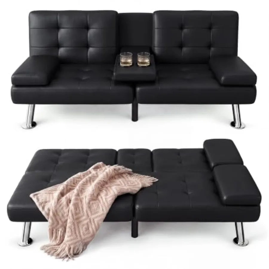 Leather Futon Sofa Bed for Living Room, Brown Genuine Leather, Adjustable Backrest and Seat with Modern Minimalist Design