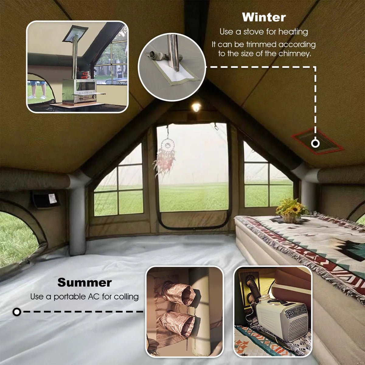 SENLEETO 129 Square Feet Inflatable Glamping Tent 4-8 Person for Camping,4 Season Blow up Tent with Stove Jack&AC Vent,Easy Setup Air Tent with High Pressure Pump