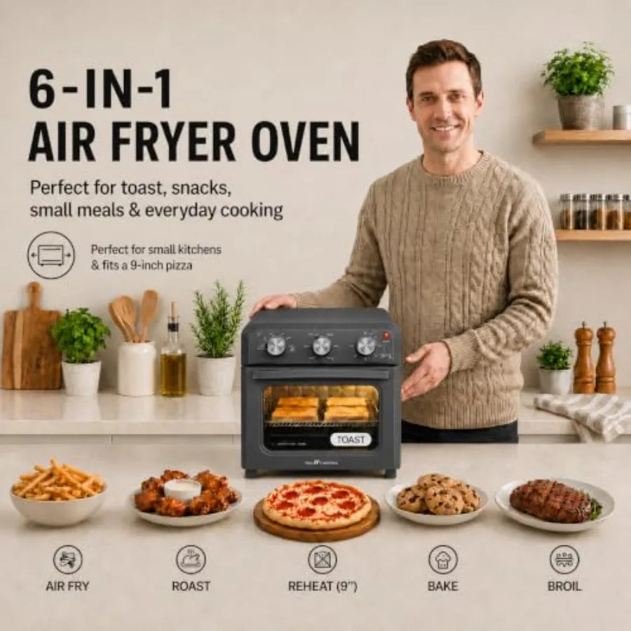 6-in-1 Retro Air Fryer Toaster Oven Combo for kitchen use, enamel-coated, dark grey, compact 12.7 QT convection oven with hexag