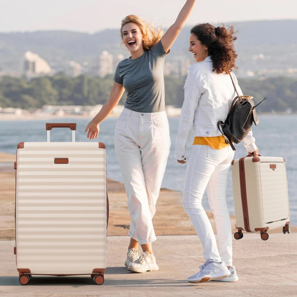 Luggage Sets 5 Piece with Front Opening , Hardside Expandable Carry on Suitcase with Spinner Wheels TSA Lock USB Port Cup Holder Duffel Bag and Toiletry Bag Brown+White + ABS