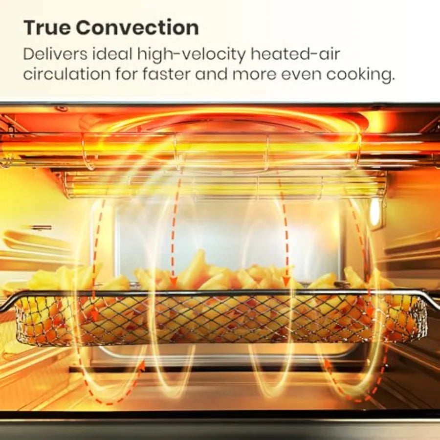 Retro countertop air fryer toaster oven, enamel-coated, black, 10-in-1 versatility with easy-clean baking pan and recipe book