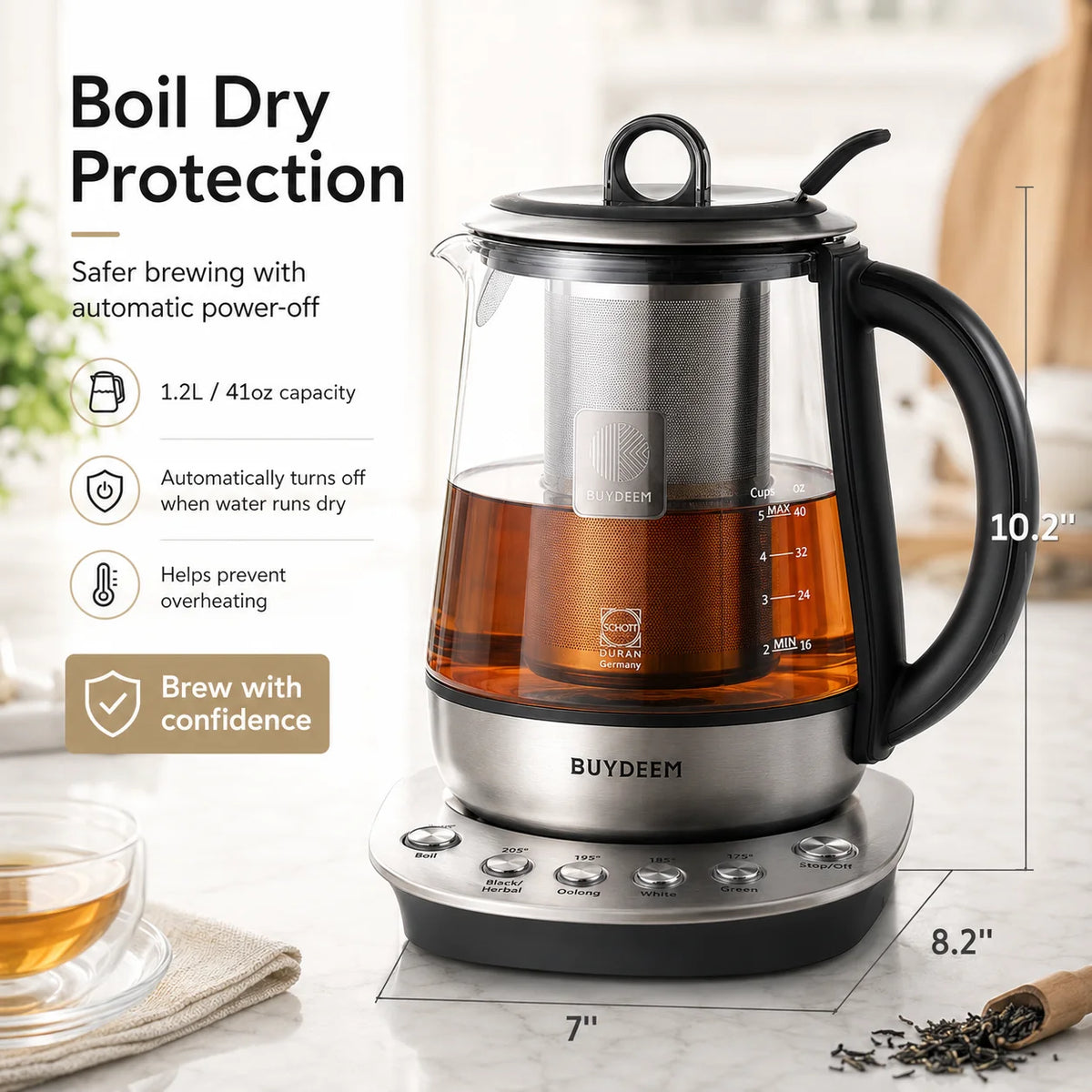 BUYDEEM Tea Maker Electric Kettle, 1.2L Glass Tea Kettle with Removable Infuser, 5 Temperature Settings, 316 Stainless Steel Heating Plate, Auto Keep Warm, Boil Dry Protection for Green Black Herbal Tea