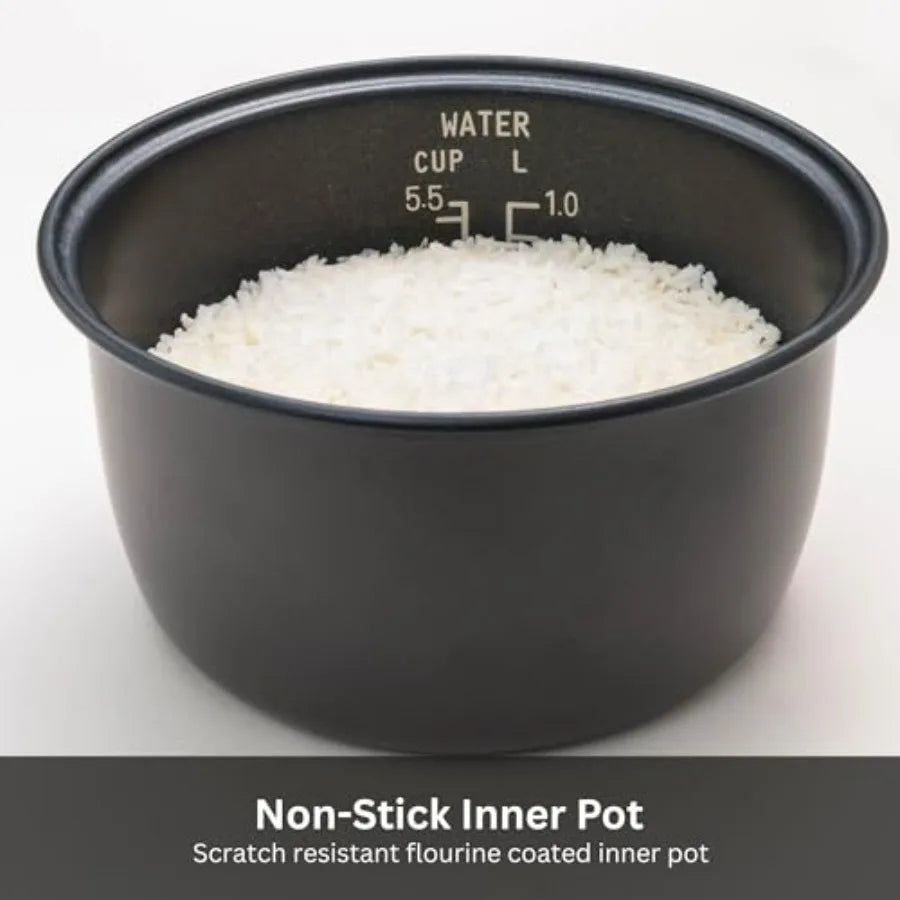 5.5 Cup Capacity White Rice Cooker with Non-Stick Inner Pot, Retractable Power Cord, and Keep Warm up to 12 hours