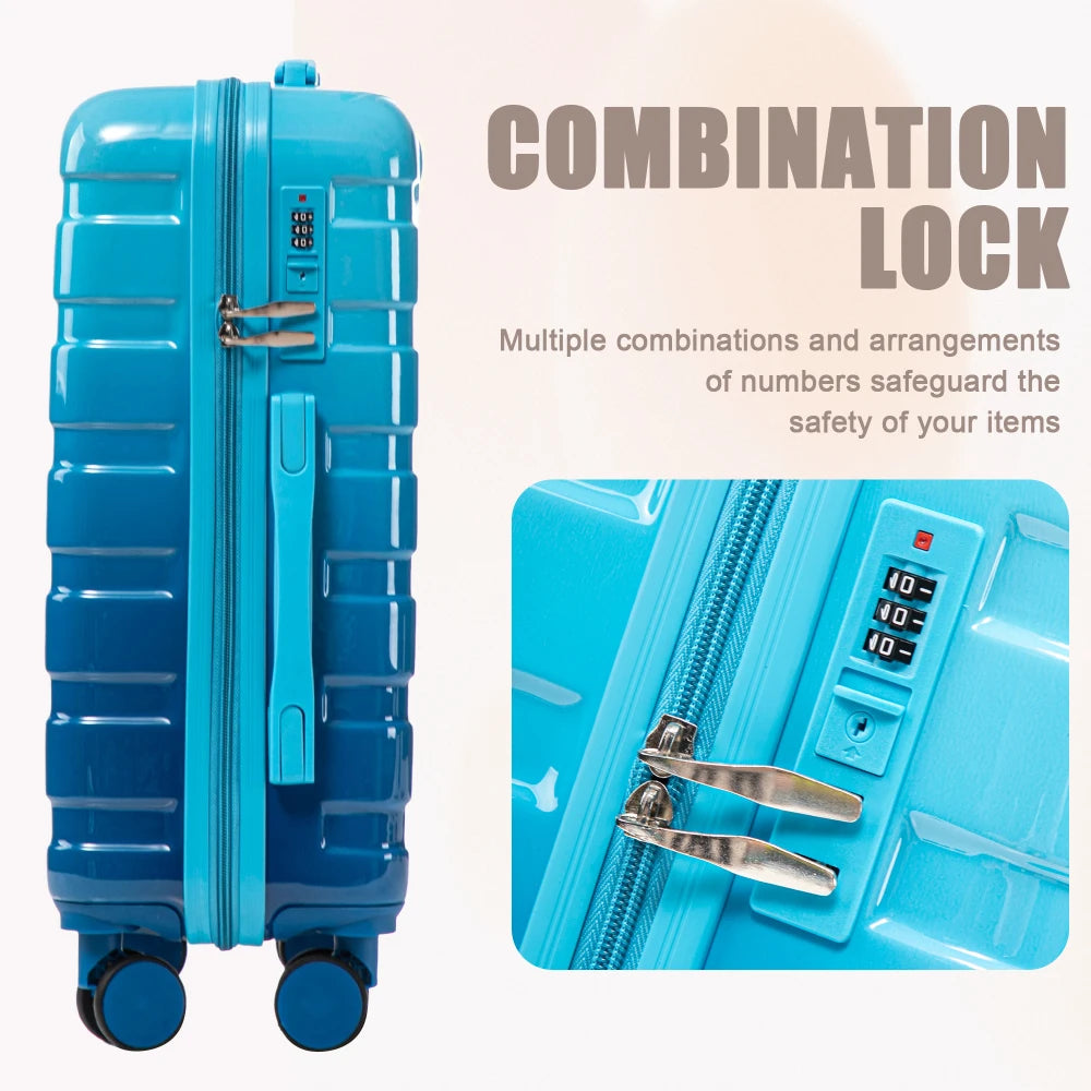 14"/20" 2 Pcs/set in PC Spinner Wheel Luggage, Carry on Suitcase, With Gradient Color and Combination Lock(Navy+Light Blue)