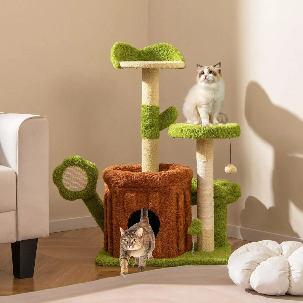 Cute Cat Tree Green Forest, 36 Inch Aesthetic Cat Tower with Sisal Scratching Posts & Board, Trunk Condo, Flower Perch, Plush Napping Bed, Pompom, Spring Toy, Platforms for Indoor Cats