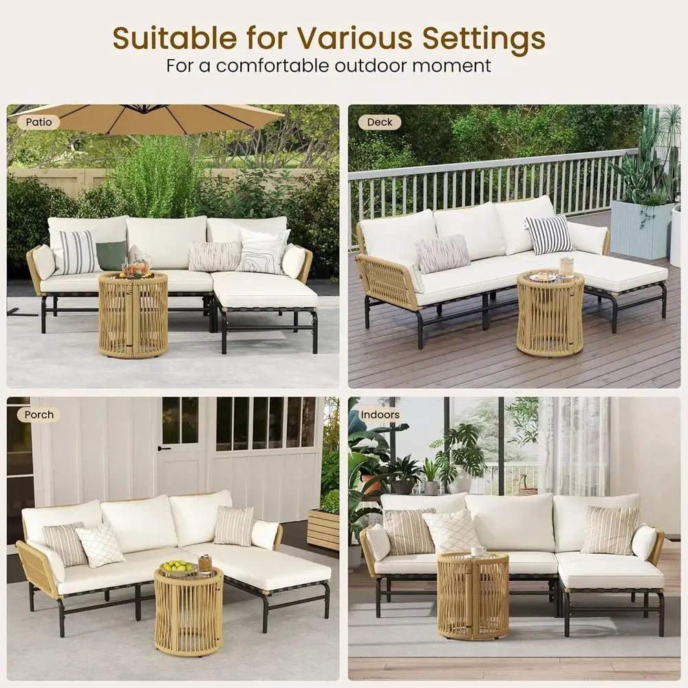 3-Piece Outdoor Patio Sofa Set with Detachable Lounger, Thick Cushions, and Glass Side Table