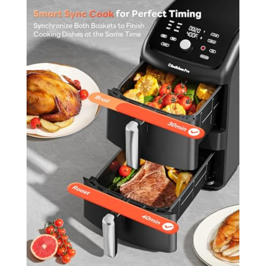 Family-size dual air fryer for kitchen use, black aluminum alloy with PFAS-free nonstick coating, even heating and compact stac