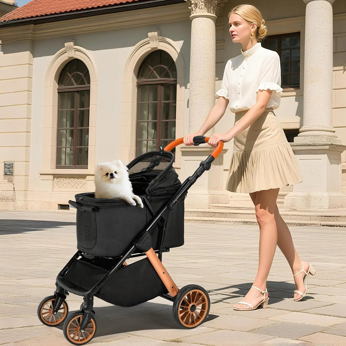 Foldable Dog Stroller for Medium Small Dogs Cats Up to 55 Lbs(25kg), Aluminum,Carbon Steel Frame Pet Stroller, Height-Adjustable