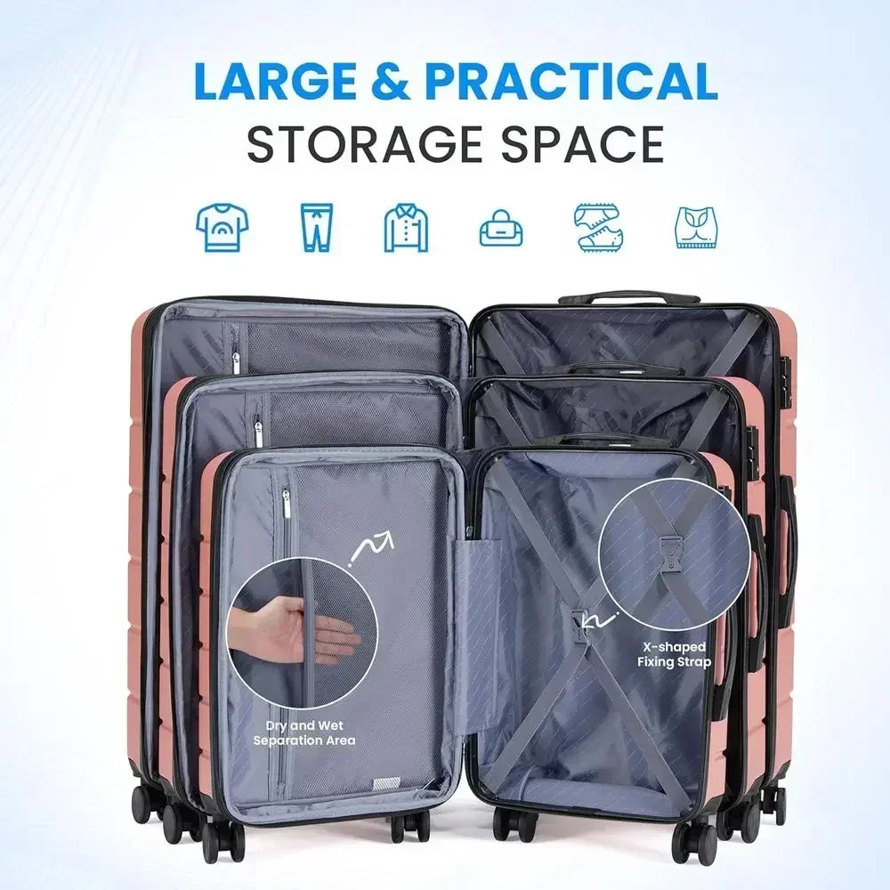 3-Piece Large Suitcase Set with Double Spinner Wheels, TSA Lock, Expandable Hard Shell Luggage in Pink