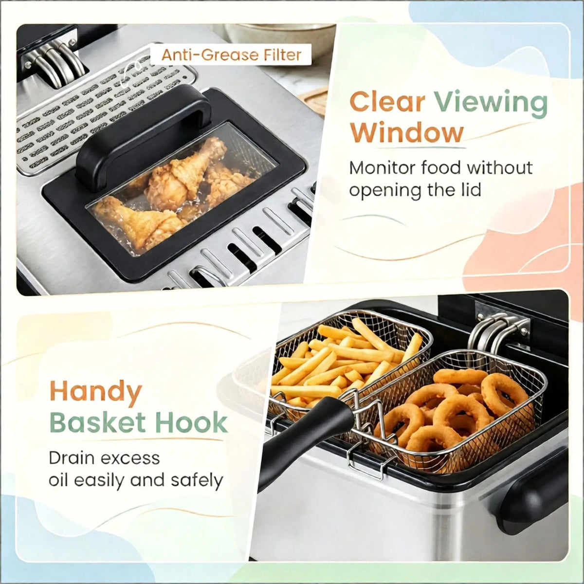 5.3-Qt Electric Deep Fryer with 3 Baskets 1700W Power LED Touch Screen Display And 6 Cooking Presets for Kitchen Use