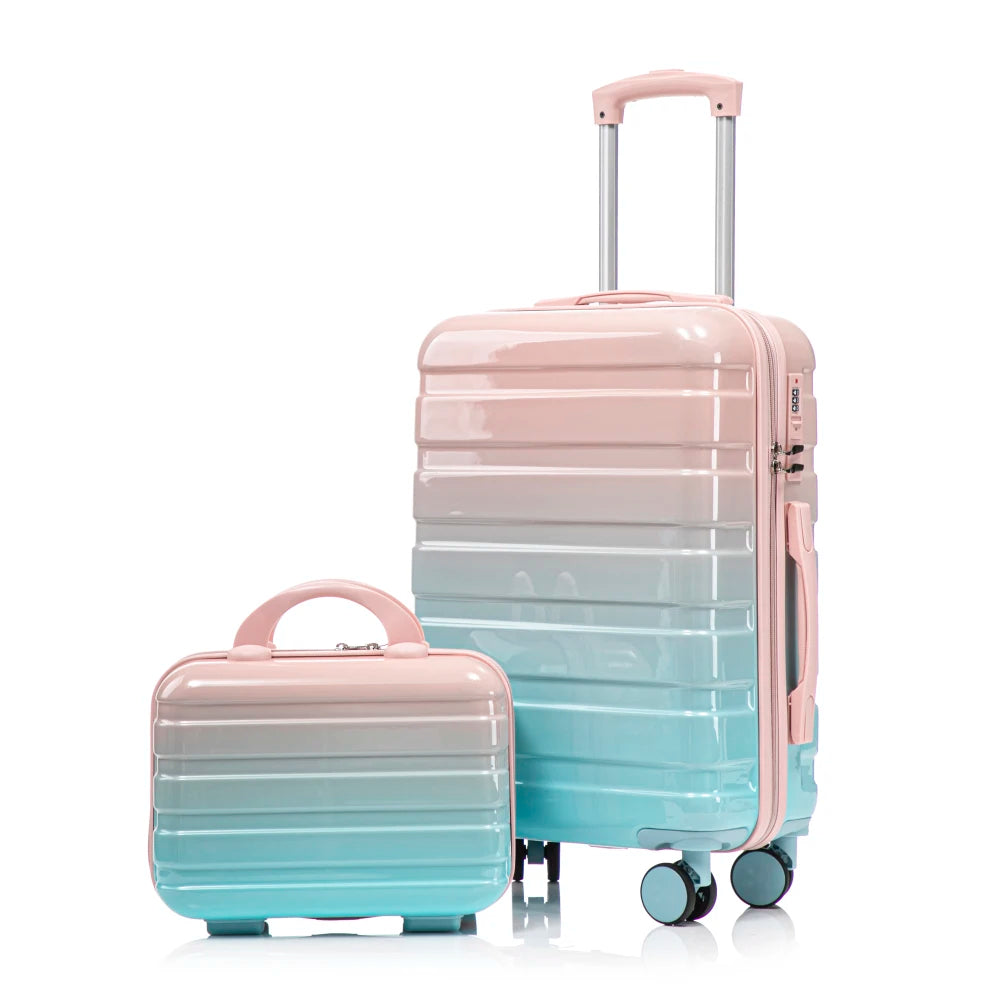 14"/20" 2 Pcs/set in PC Spinner Wheel Luggage, Carry on Suitcase, With Gradient Color and Combination Lock(Navy+Light Blue)