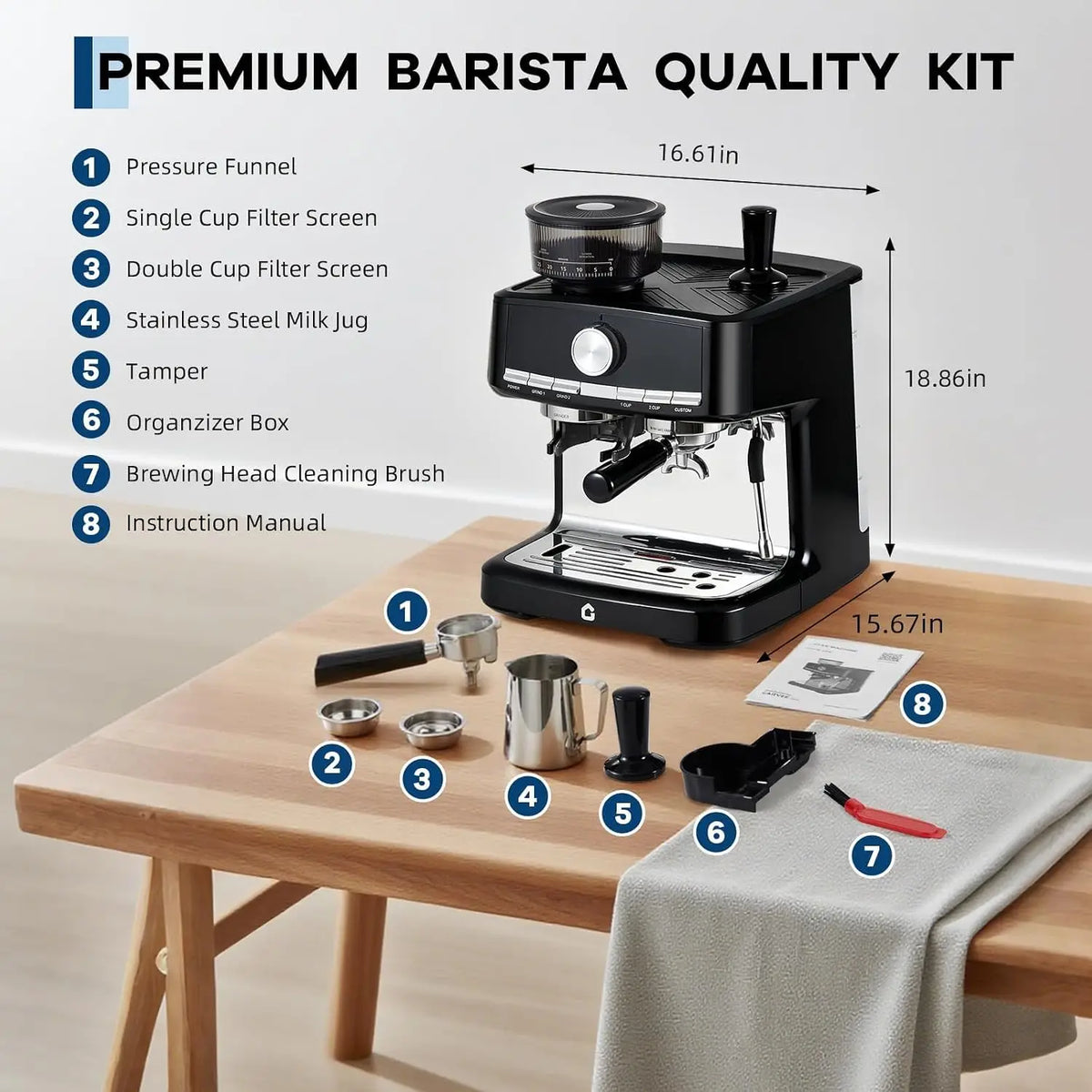 Stainless Steel Espresso Machine with Grinder – 20 Bar, Metal Die-Cast Brew Head, 30 Grind Settings, Integrated Boiler & Steam Wand, 1.5L Removable Tank