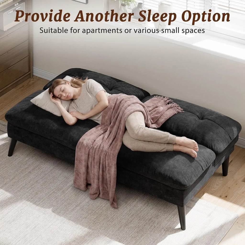 Futon Sofa Bed, Foldable Small Velvet Couch Bed with Adjustable Recliner, Space Saving 2 in 1 Sofa for Living Room, Apartment, or Guest Room, Black