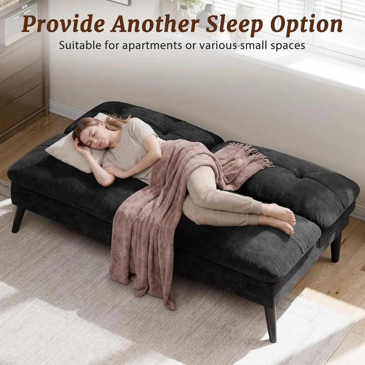 Futon Sofa Bed, Foldable Small Velvet Couch Bed with Adjustable Recliner, Space Saving 2 in 1 Sofa for Living Room, Apartment, or Guest Room, Black