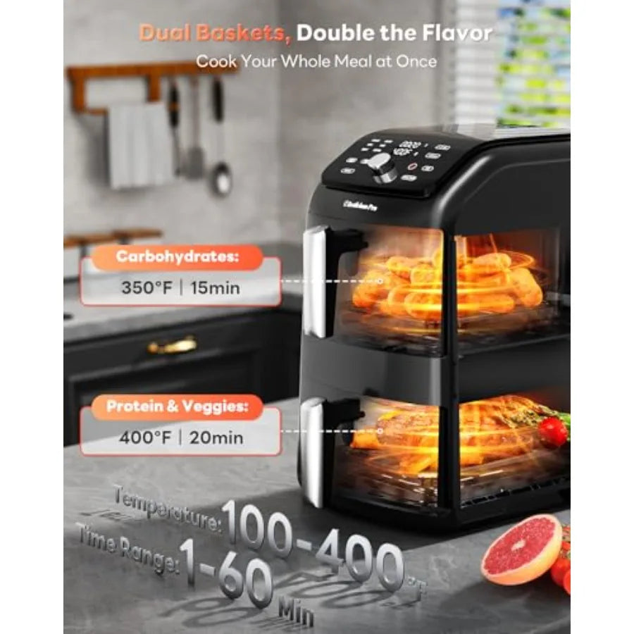 Family-size dual air fryer for kitchen use, black aluminum alloy with PFAS-free nonstick coating, even heating and compact stac