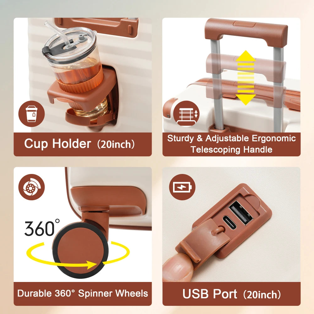 Luggage Sets 5 Piece with Front Opening , Hardside Expandable Carry on Suitcase with Spinner Wheels TSA Lock USB Port Cup Holder Duffel Bag and Toiletry Bag Brown+White + ABS