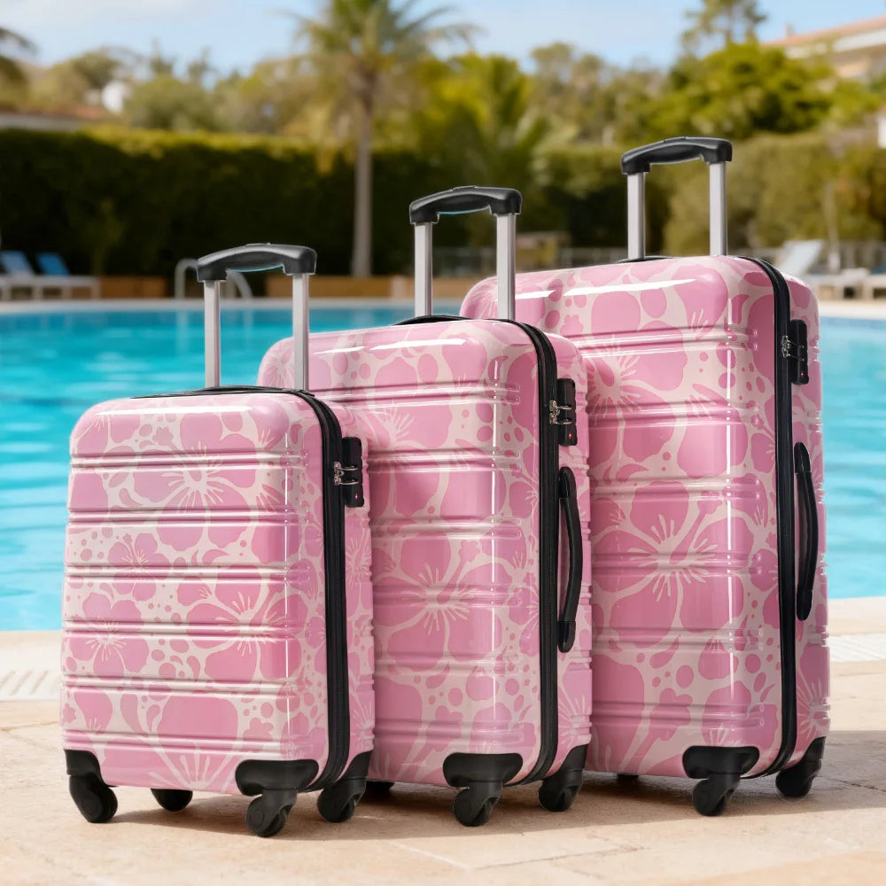 Pink Hardshell Luggage Sets 3 pcs Spinner Suitcase with TSA Lock Lightweight-20"+24"+28" Luggages Flower Pattern