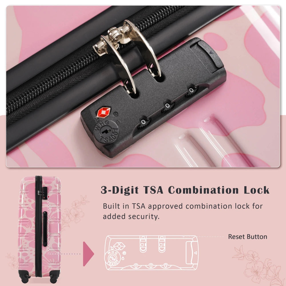 Pink Hardshell Luggage Sets 3 pcs Spinner Suitcase with TSA Lock Lightweight-20"+24"+28" Luggages Flower Pattern