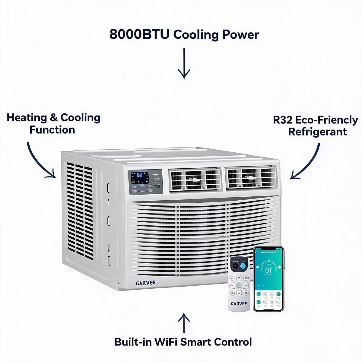 Window Air Conditioner 8000 BTU With Heat Energy Efficient AC Unit Remote Control WiFi Enabled Compatible With Alexa And Google Assistant For Room Up To 350 Sq Ft