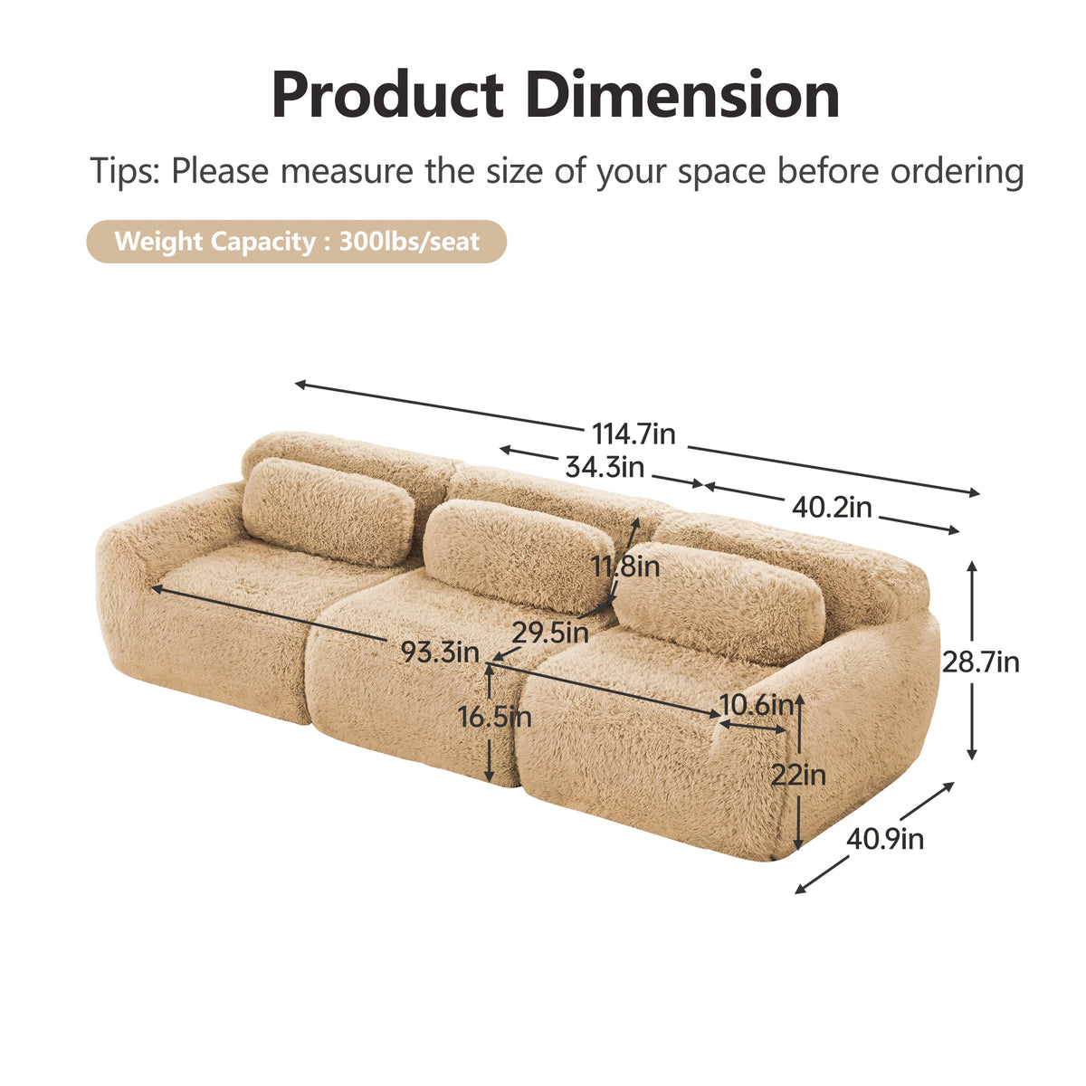 114'' Modular Sectional Sofa Couches With Throw Pillows,Full-compression Vacuum Packaging Buckle Connection For Home