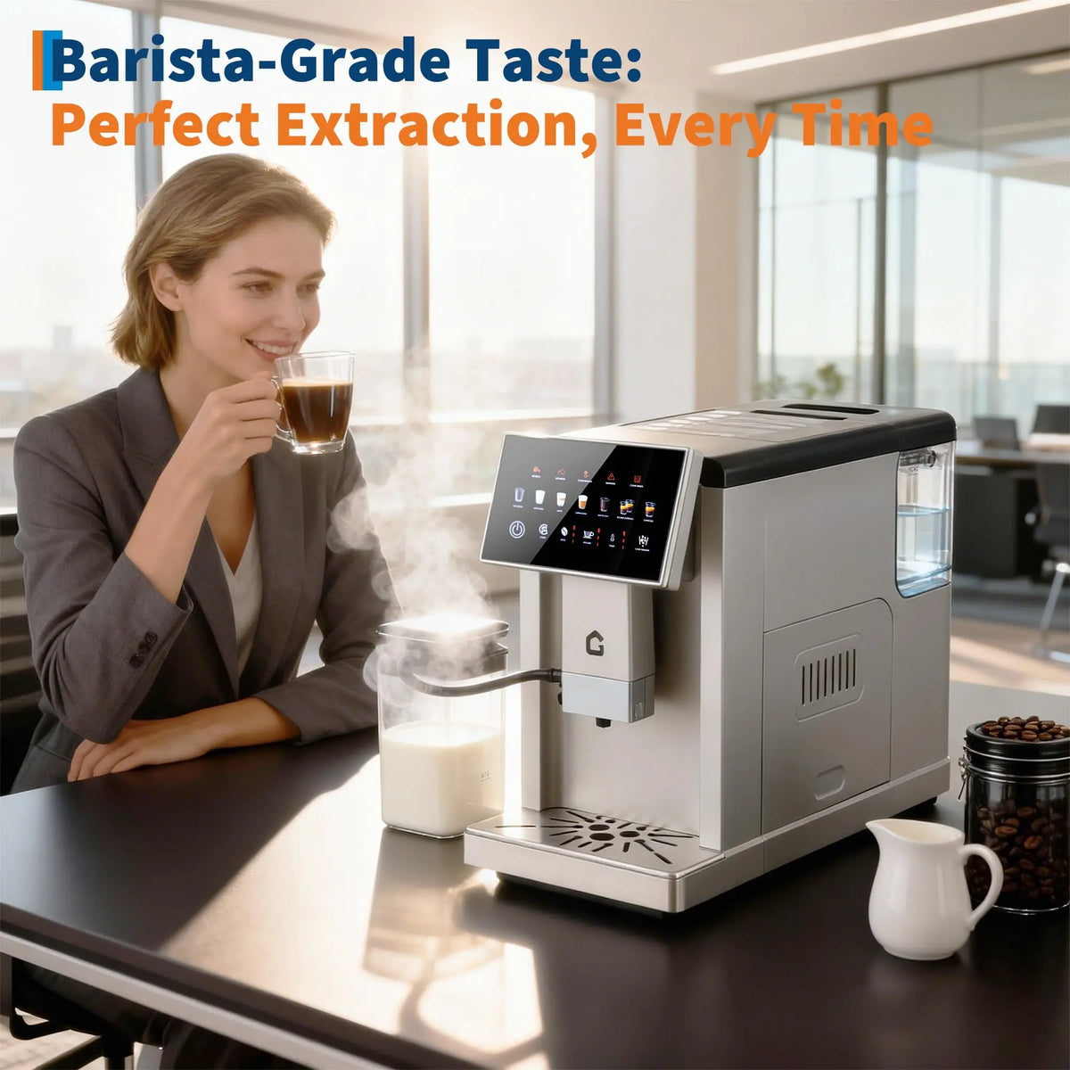 Super Fully Automatic Coffee Machine, 6 Coffee Styles Touch Control Espresso Cappuccino Latte Maker with Milk Jug