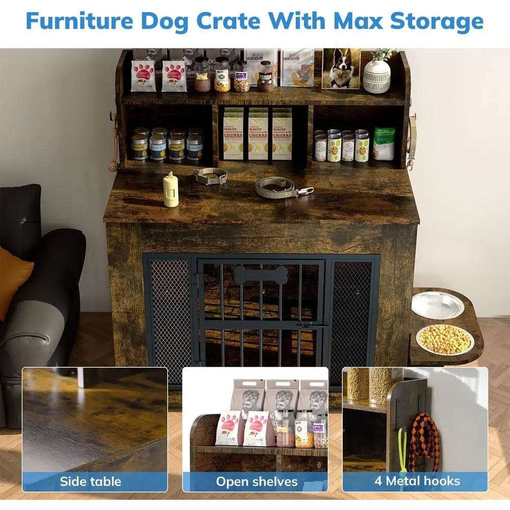 33" Dog Crate urniture with Storage Shel & 2 StainlSteel Bowls, Heavy Duty Indoor Dog Kennel or Medium/Small Dogs, Wooden Dog Ca