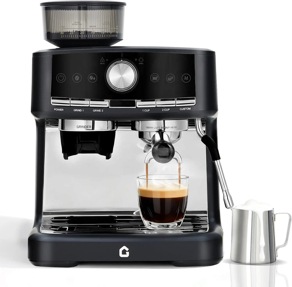 Stainless Steel Espresso Machine with Grinder – 20 Bar, Metal Die-Cast Brew Head, 30 Grind Settings, Integrated Boiler & Steam Wand, 1.5L Removable Tank