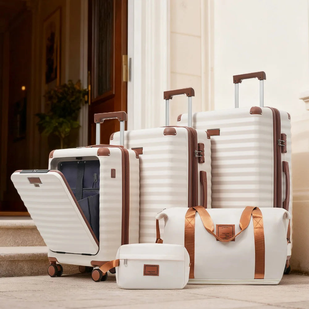 Luggage Sets 5 Piece with Front Opening , Hardside Expandable Carry on Suitcase with Spinner Wheels TSA Lock USB Port Cup Holder Duffel Bag and Toiletry Bag Brown+White + ABS