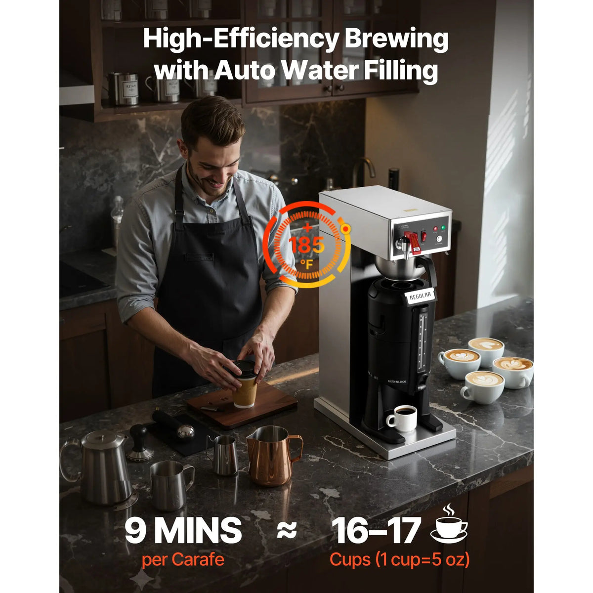 Commercial Drip Coffee Maker, 16-17 Cups Machine with 2.5 L Thermal Carafe, Keep Warm for 4 Hours, Stainless Steel Brewer with Auto Water Filling, for Restaurant, Office, Coffee Shop & Home