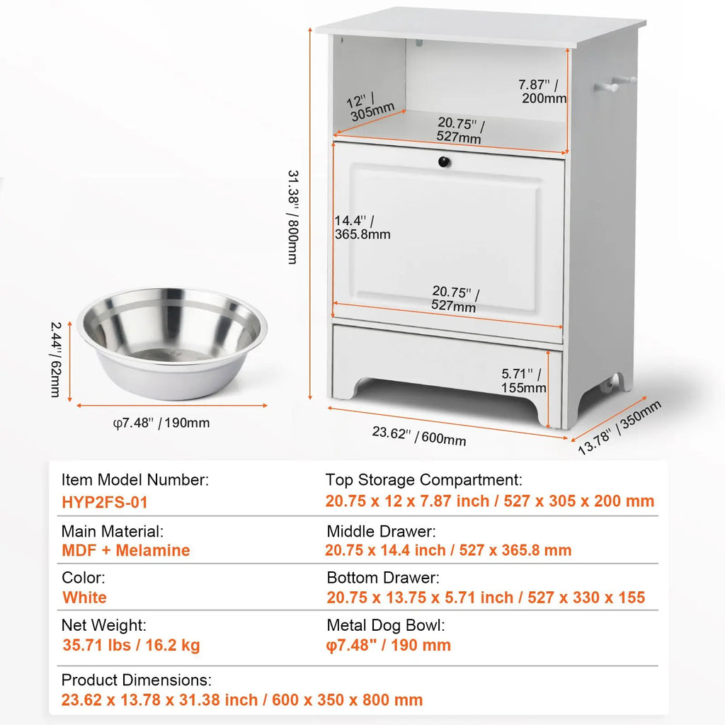 Pet Feeding Station with 2 Stainless Steel Bowls, Elevated Dog Bowls with Storage, Dog Food Storage and Feeder Station with Tilt Out Storage Cabinet, Pet Toy Storage Organizer, for Small Dogs