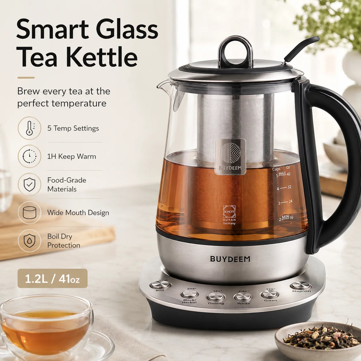 BUYDEEM Tea Maker Electric Kettle, 1.2L Glass Tea Kettle with Removable Infuser, 5 Temperature Settings, 316 Stainless Steel Heating Plate, Auto Keep Warm, Boil Dry Protection for Green Black Herbal Tea