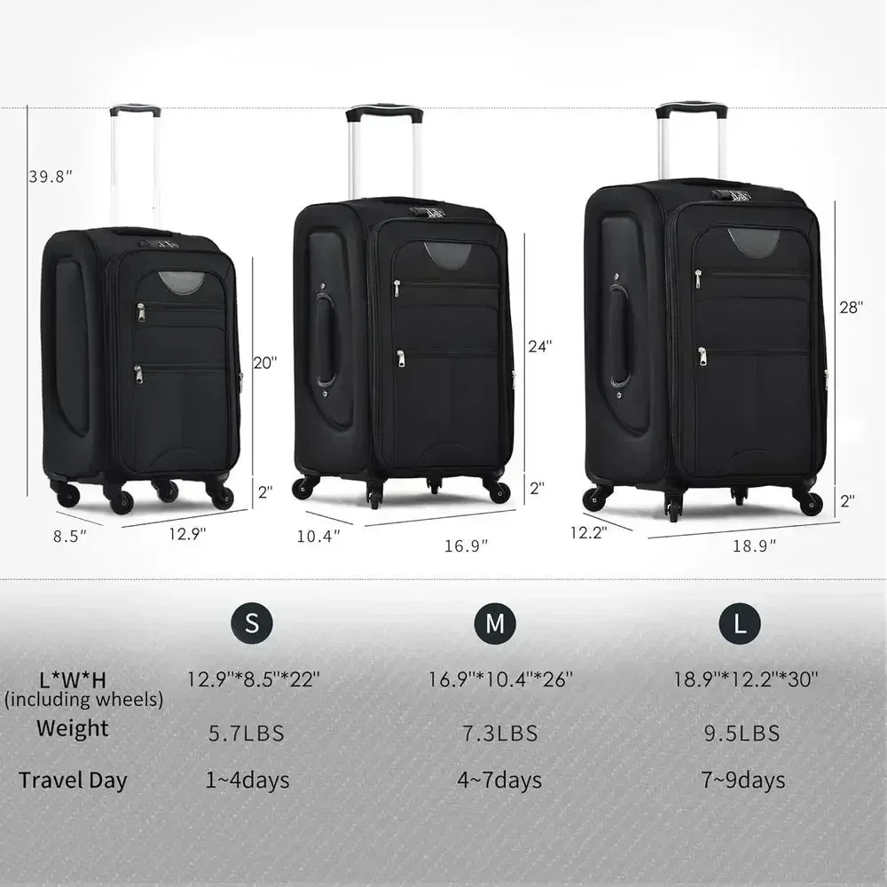Expandable 3-Piece Luggage Set with Dual Bags: 22, 26, 30 Wheeled Suitcases with TSA Lock, Black